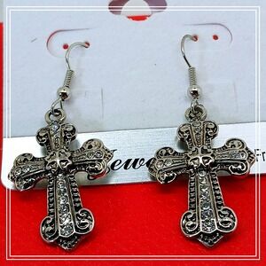 Vintage Silver Rhinestone Ornate Cross Drop Earrings Gothic Religious Statement